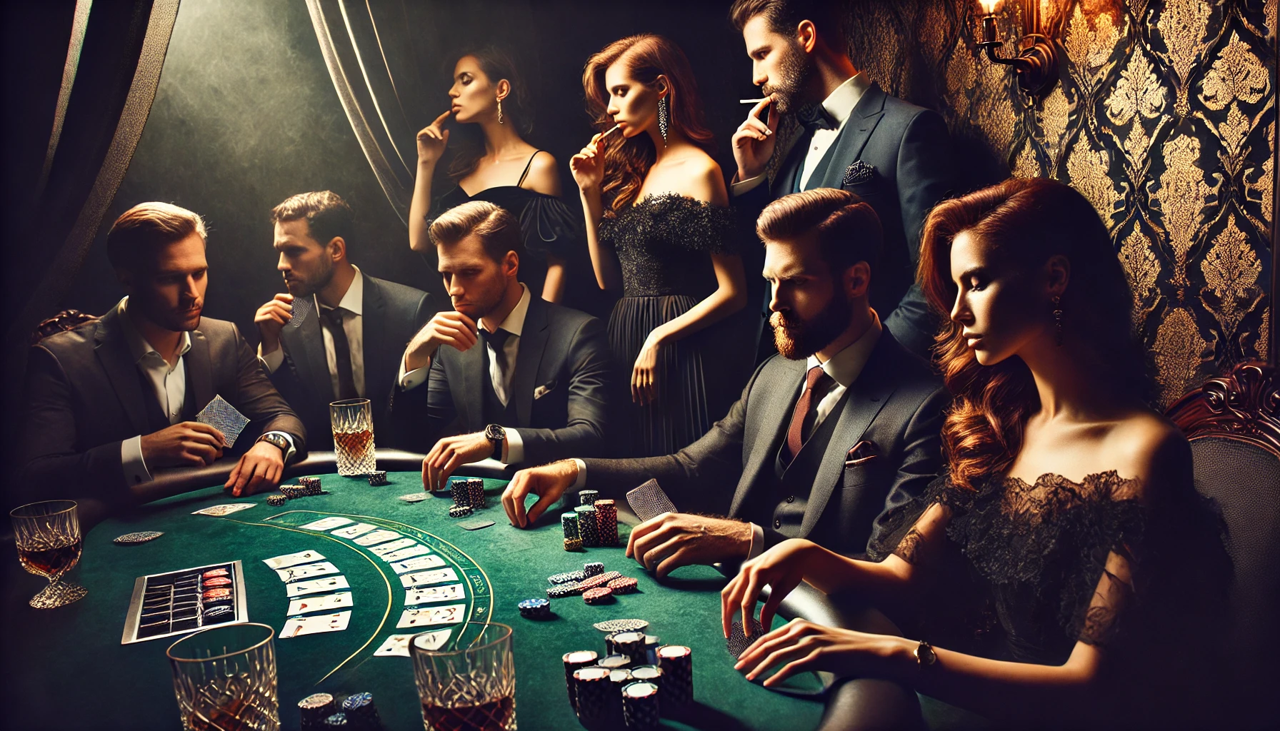 DALL·E 2024-11-13 19.35.01 - A dark, atmospheric scene of a group of elegantly dressed people sitting around a poker table, deeply focused on their poker game. The players, both m