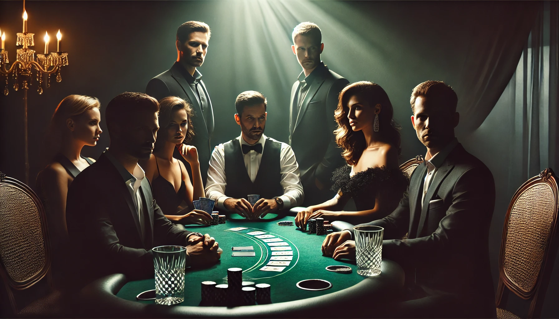 DALL·E 2024-11-13 19.35.51 - A dark, moody scene of a sophisticated poker game with elegantly dressed men and women in formal evening attire. The group sits around a luxurious gre